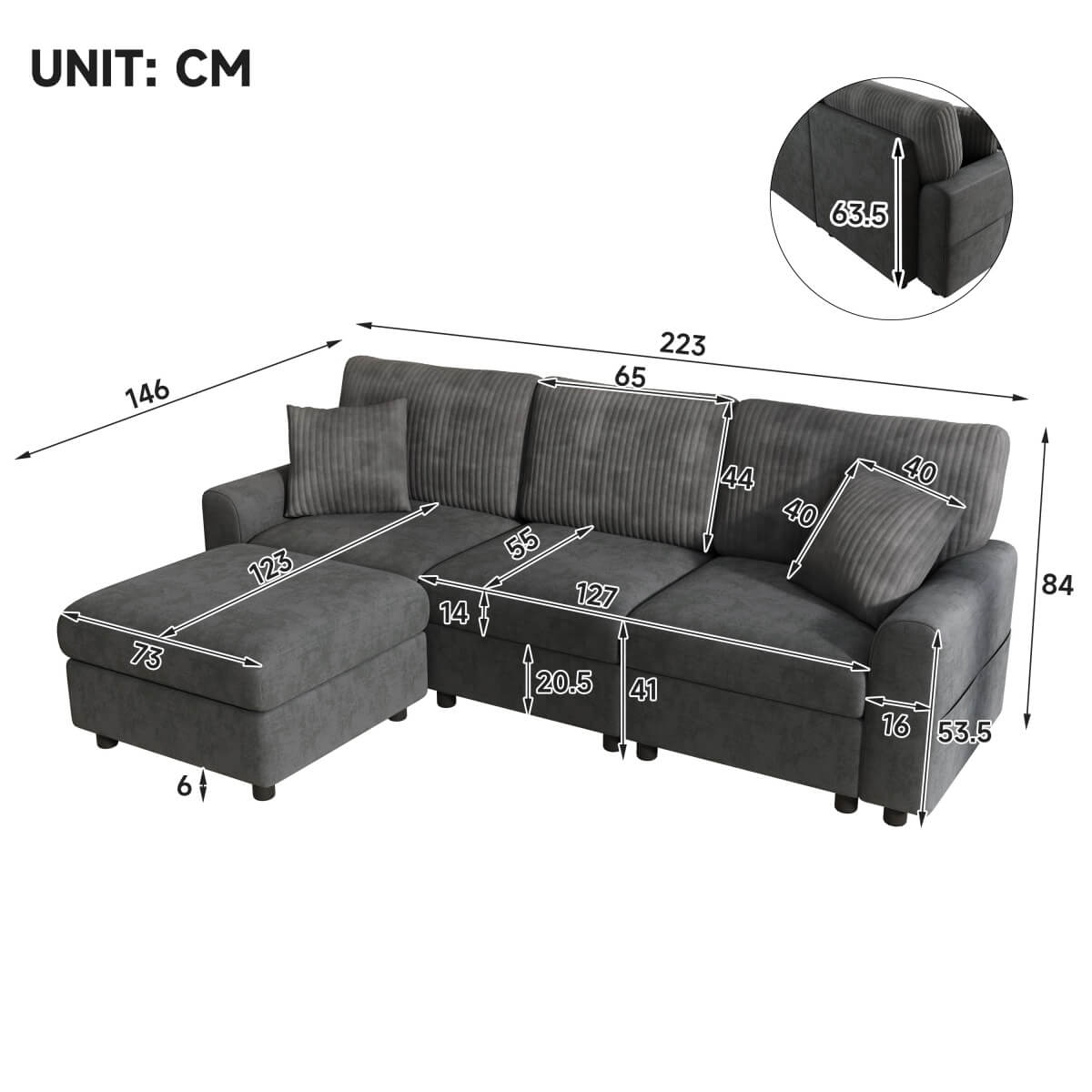 3-4 Seater Modern Sofa with Footstool - USB and Type-C Charging, Dark Grey
