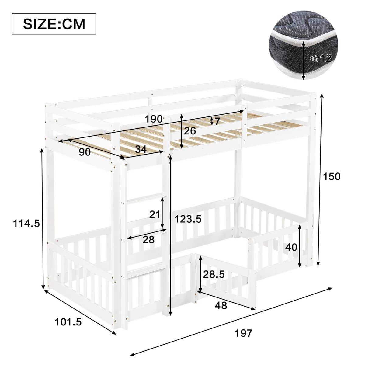 3ft White Solid Wood Bunk Bed — Children's Bed with Safety Rails, Fences & Door