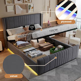 4ft6 Double Velvet Ottoman Storage Bed with LED Lighting - Upholstered Hydraulic Bed Frame with Plywood Base, Grey