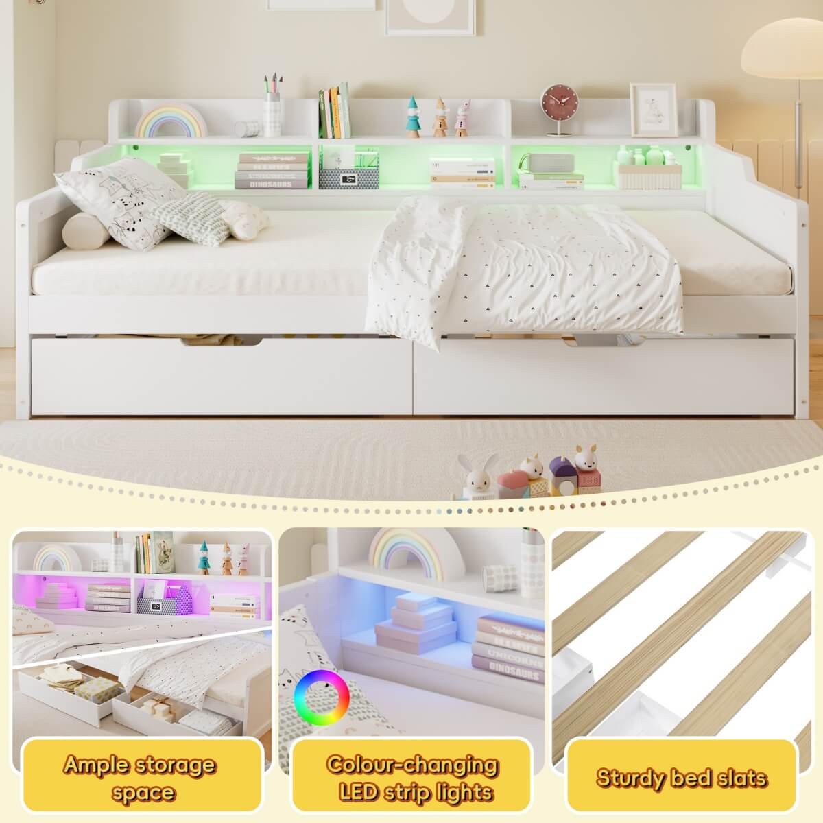 3ft Single Wooden Storage Daybed with LED Strip Lights - 2 Wheeled Storage Drawers and Sturdy Slatted Base, White