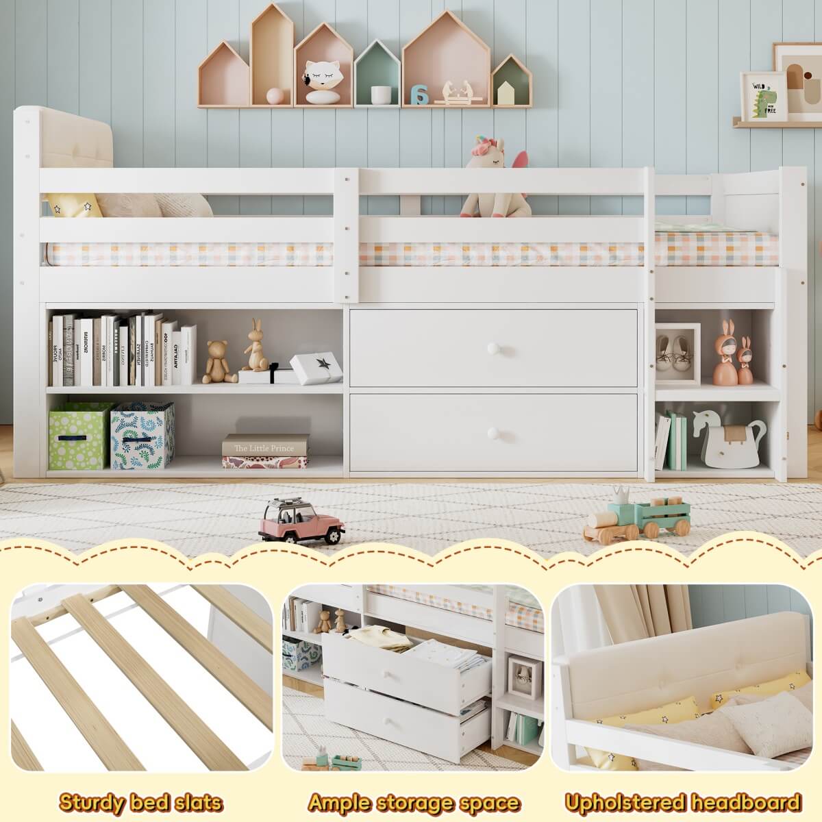 3ft Single Wooden Storage Bed for Kids - Bed Frame with Safety Guardrails, 2 Drawers, Storage Compartments & Upholstered Headboard, White