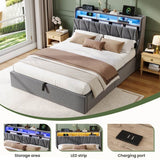 4ft6 Double Upholstered Bed with Hydraulic Storage & LED Lighting - Velvet Bed Frame with Plywood Base, Sturdy & Durable, Grey