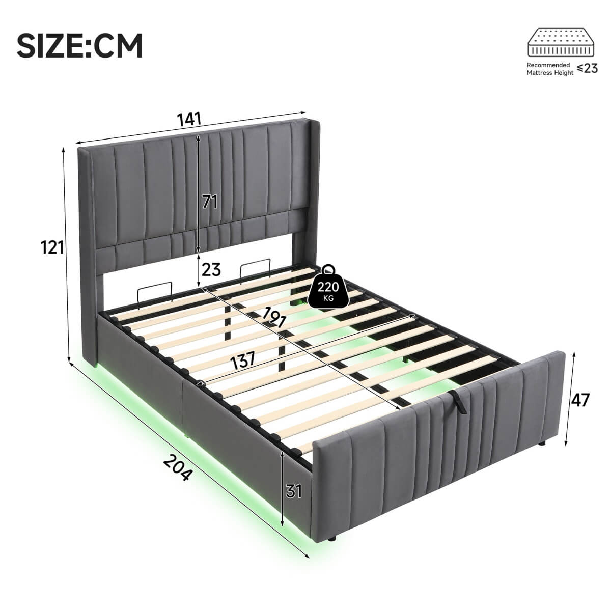 4ft6 Double Velvet Ottoman Storage Bed with LED Lighting - Upholstered Hydraulic Bed Frame with Plywood Base, Grey