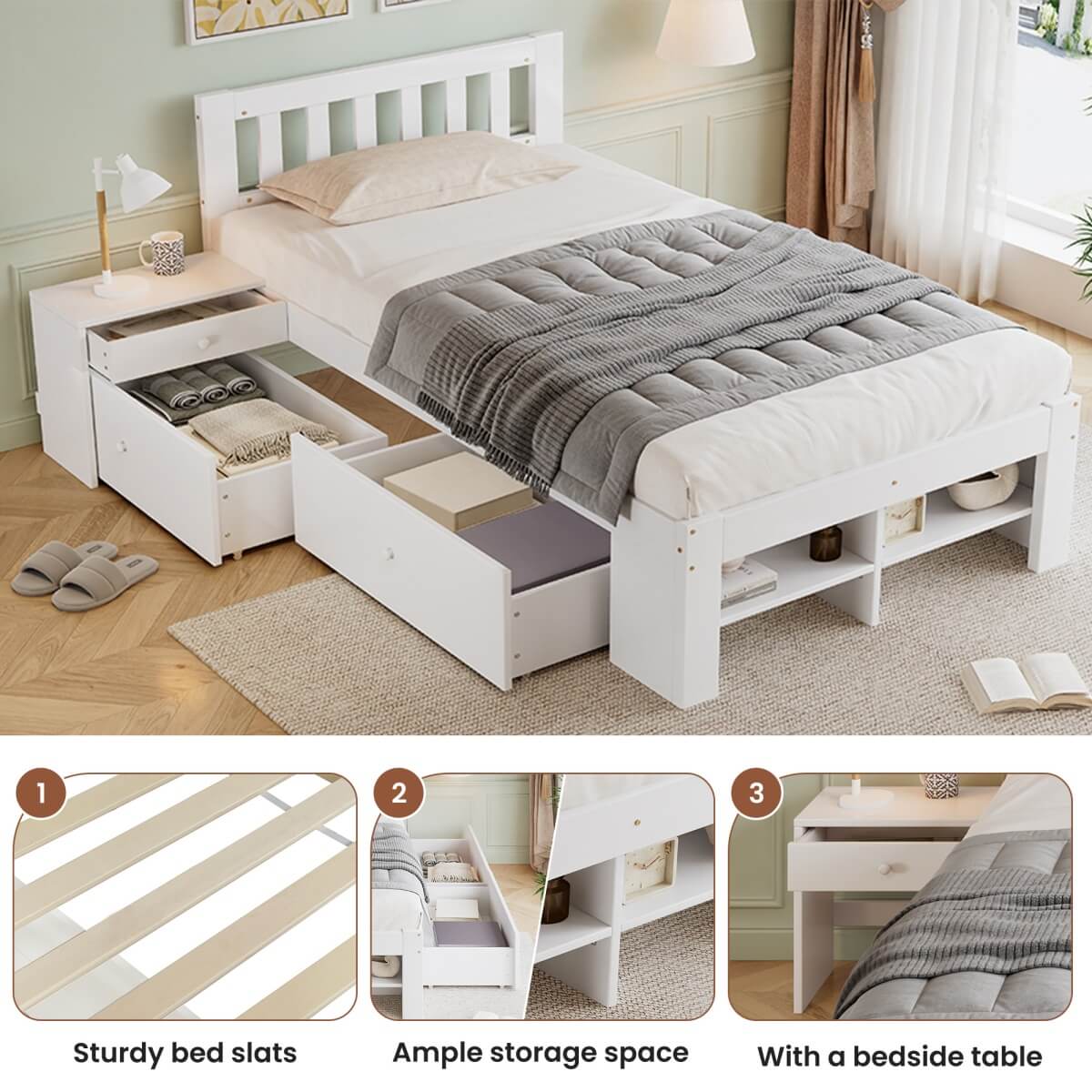 3ft Single Wooden Storage Bed with Bedside Table & 2 Drawers - Sturdy Bed Frame with Reversible Storage Compartments, White