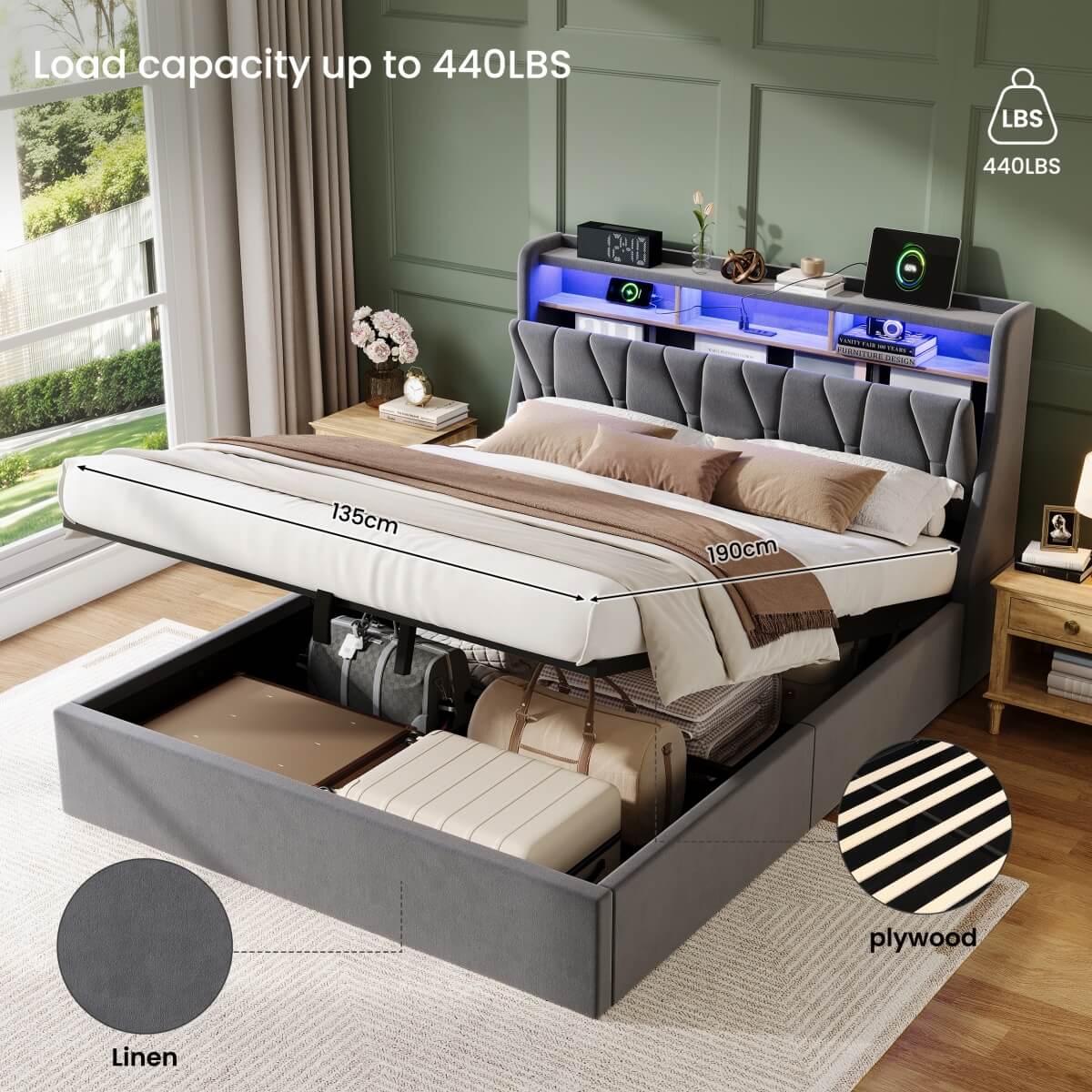4ft6 Double Upholstered Bed with Hydraulic Storage & LED Lighting - Velvet Bed Frame with Plywood Base, Sturdy & Durable, Grey