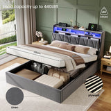 4ft6 Double Upholstered Bed with Hydraulic Storage & LED Lighting - Velvet Bed Frame with Plywood Base, Sturdy & Durable, Grey