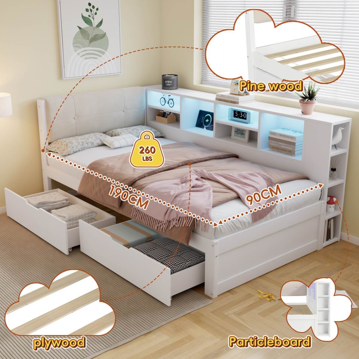 3ft Single Wooden Storage Bed with LED Lights - Bed Frame with Upholstered Headboard, Charging Port, Storage Compartments and 2 Wheeled Drawers, White