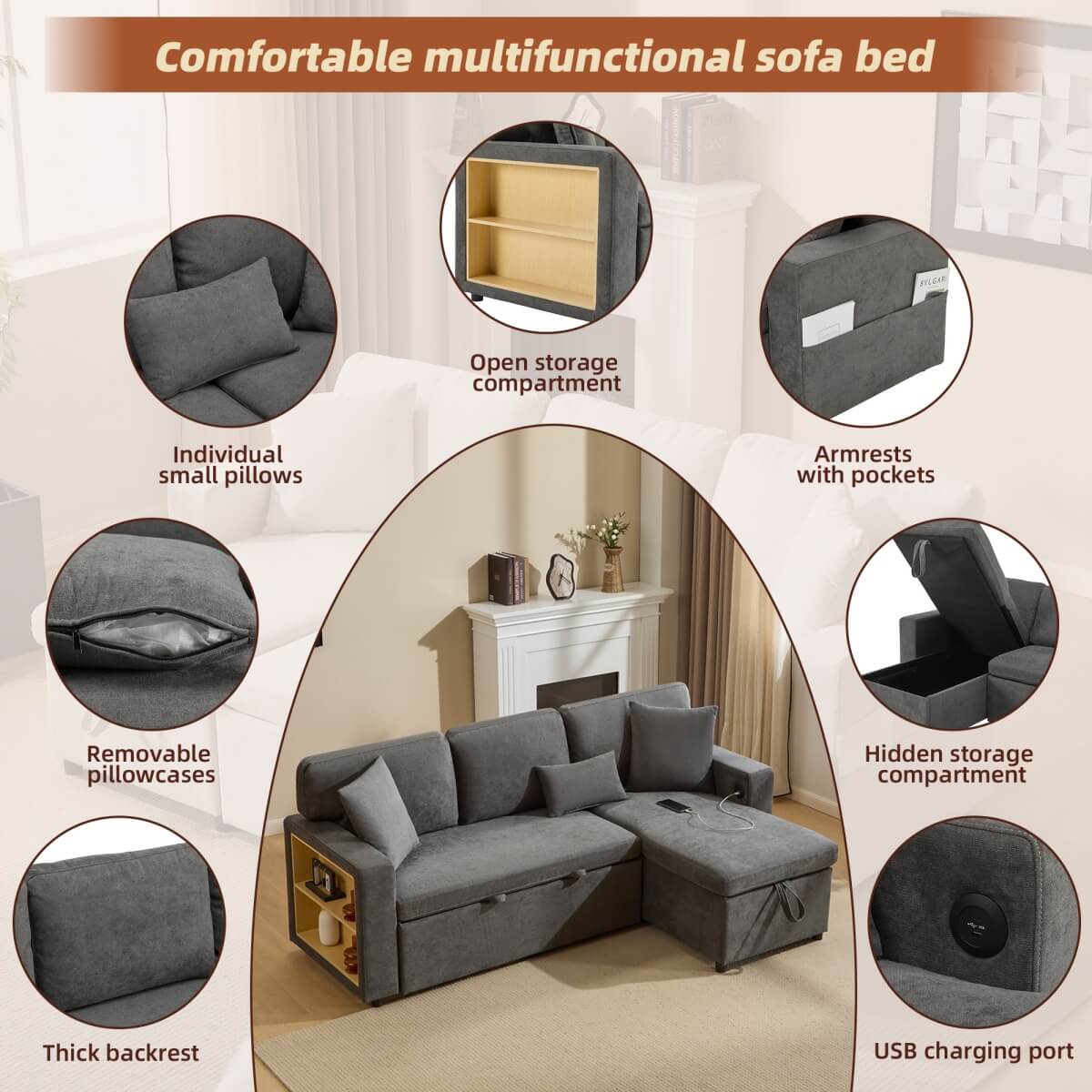 3 Seater L-Shaped Sofa Bed – Pull-Out Corner Couch with Open Storage, Bed Box and Shelf