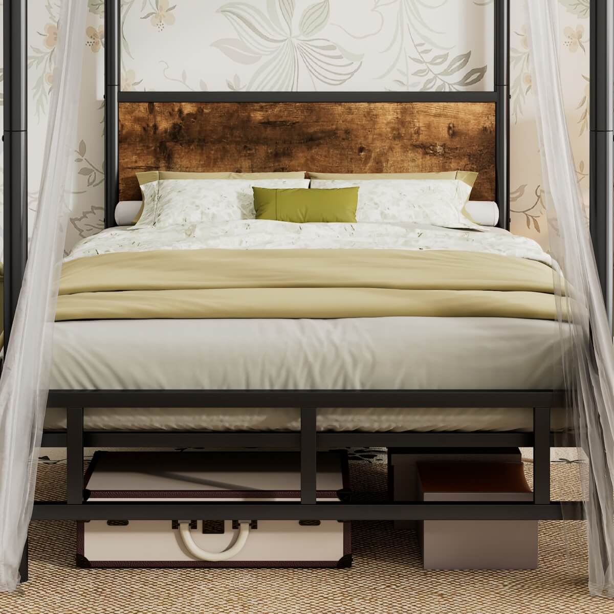 3ft Single Metal Canopy Bed - Sturdy Iron Bed Frame for Adults & Teenagers, Black & Wood
