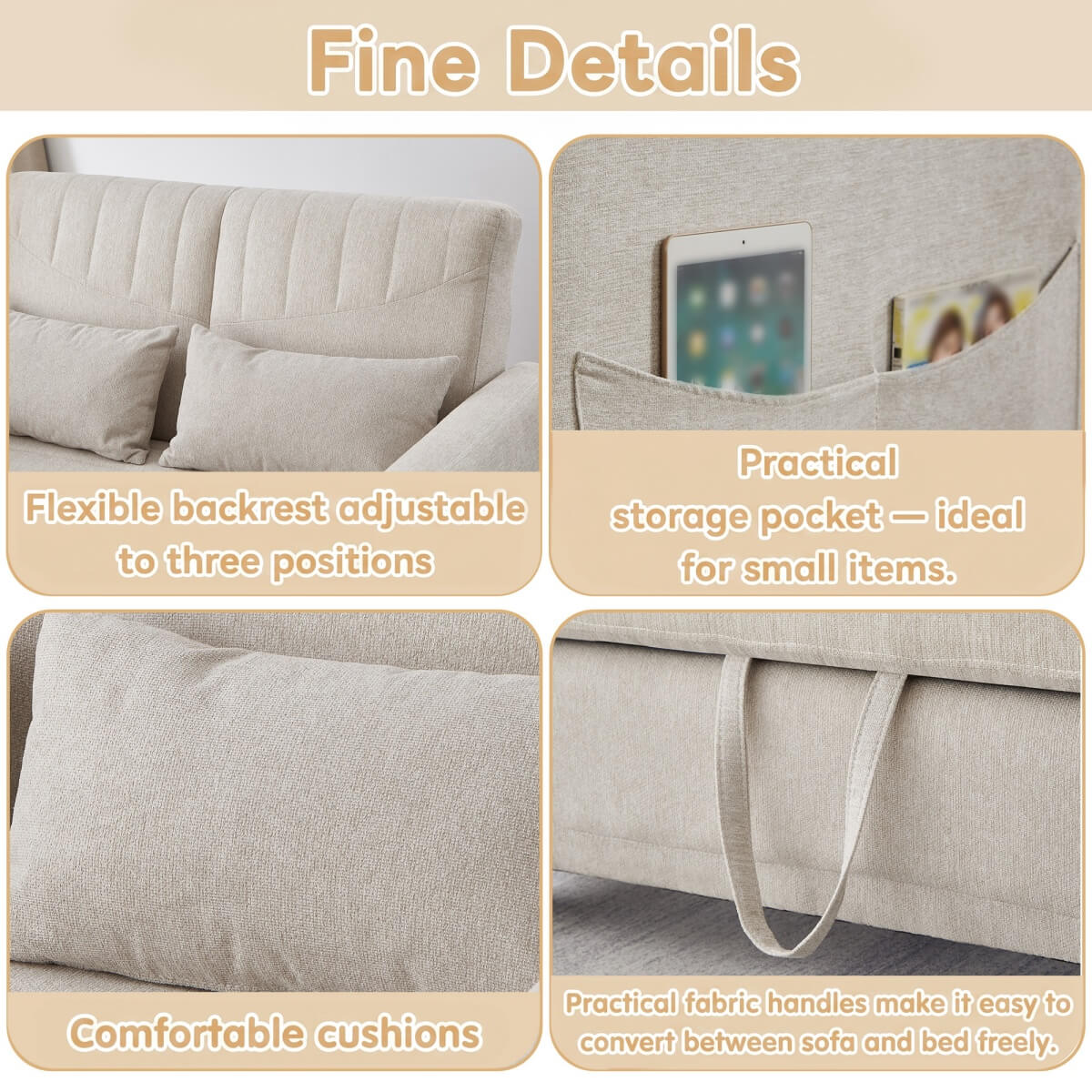 2 Seater Pull-Out Sofa Bed with Sleeping Function - Convertible Linen Sleeper Sofa, Adjustable Backrest, Beige