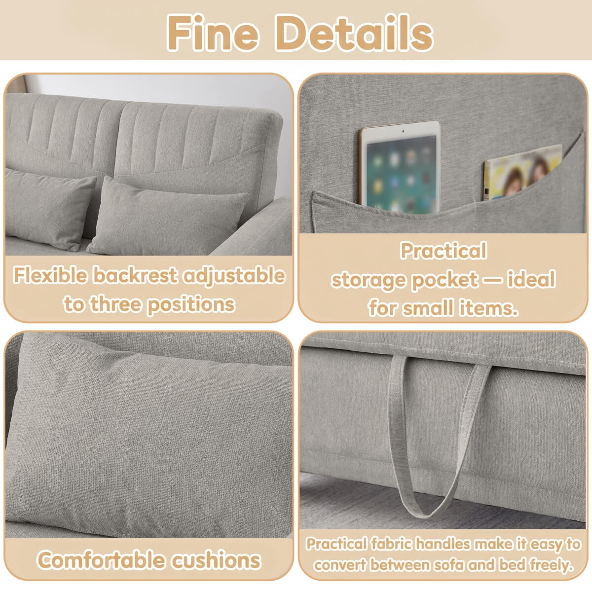 2 Seater Fold-Out Sofa Bed with Sleeping Function - Pull-Out Sleeper Sofa, 3-Level Adjustable Backrest, Cotton Linen Fabric, Light Gray