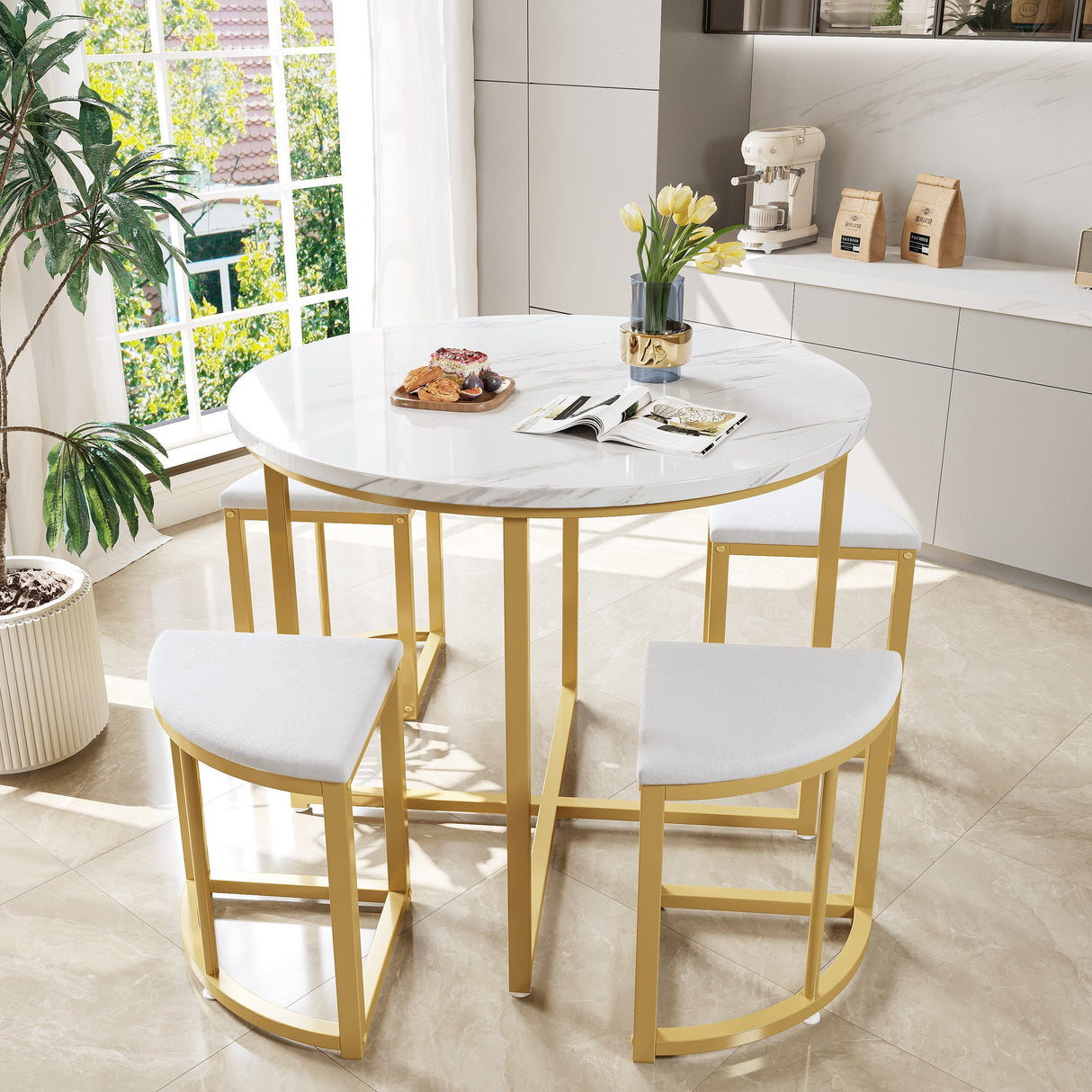 Dining Room Table Set with Four Chairs, MDF Tabletop, Gold-Plated Iron Frame, Velvet Chair, White