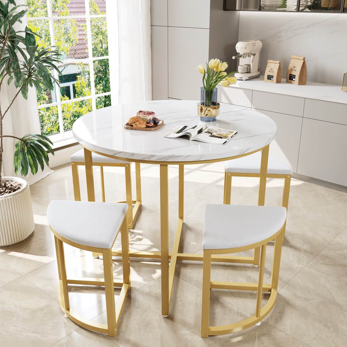 4 Seater Dining Table Set with Velvet Chairs - MDF Tabletop with Gold Iron Frame