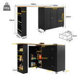 360° Rotating Kitchen Island - Extendable Bar Table with 3 Drawers, Snack Rack & Castors, Multifunctional Storage Cabinet, Black