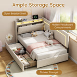 3ft Single Daybed with Two Storage Drawers, LED Concealed Headboard Storage with Charging Station, Modern Linen Sofa Bed for Living Room/ Bedroom/ Study Room, 90X190cm, Beige (No Mattress)