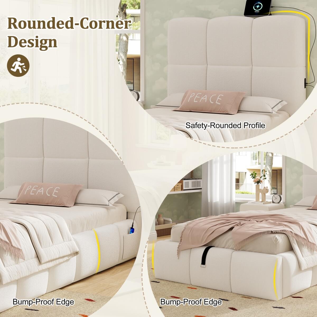 3ft Bouclé Upholstered Storage Bed - Single Hydraulic Bed with Headboard, Beige
