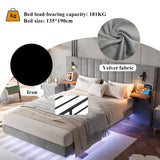 Upholstered Bed with Lamps, Charging Socket, Storage, and Light Strip, Velvet+Iron Grey