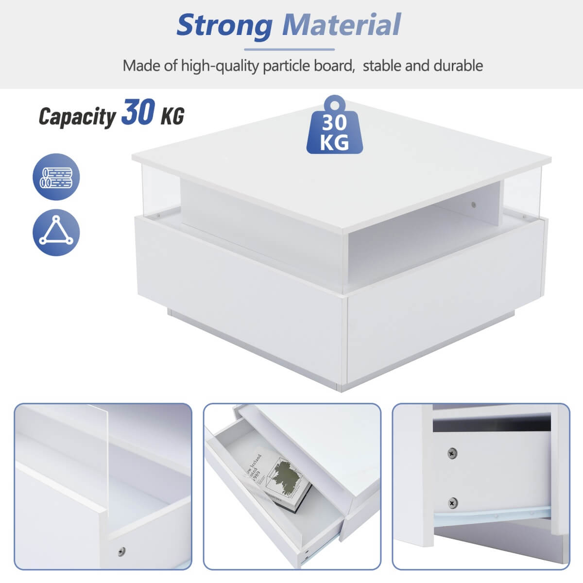 LED Coffee Table with Storage - Square Design, 2 Sliding Drawers, White