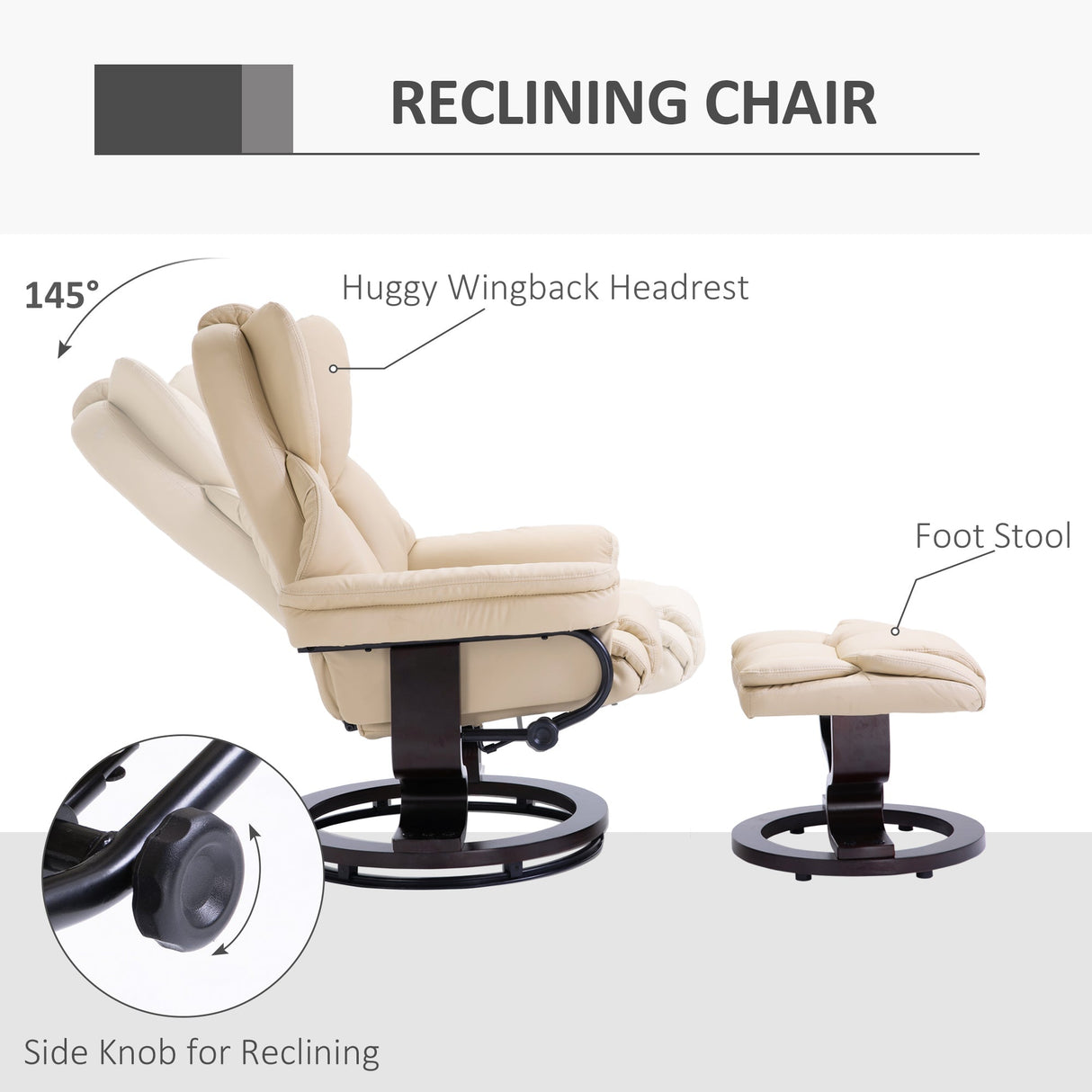 360?? Swivel Recliner Chair with Footstool, PU Leather Manual Reclining Armchair, Cream