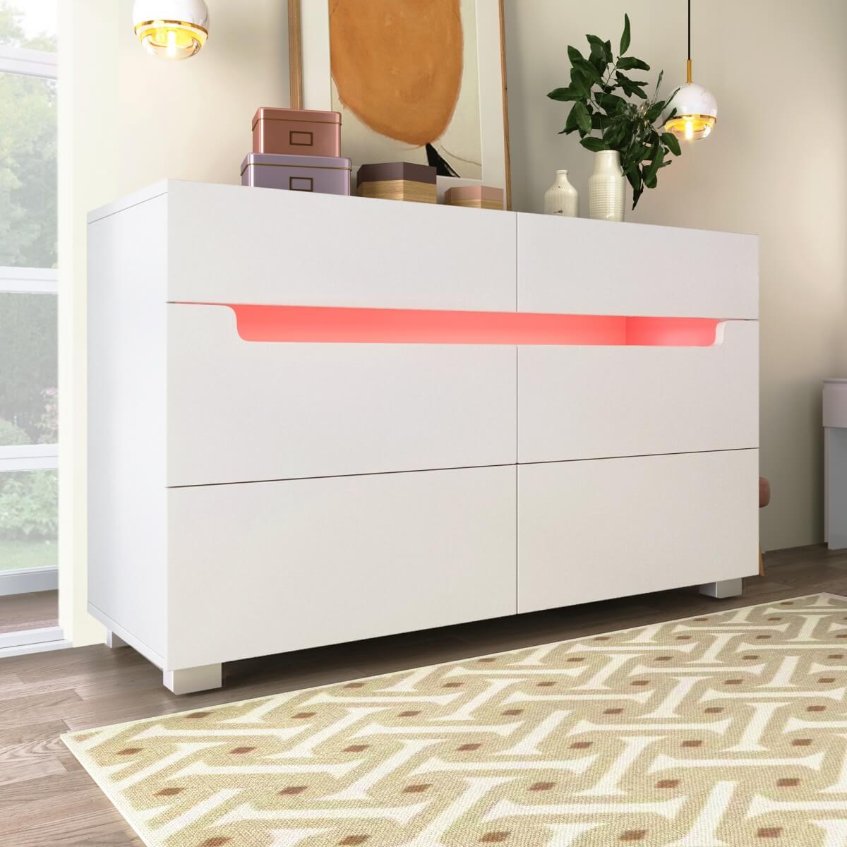 6-Drawer Chest of Drawers with RGB LED Lights - Modern White Storage Sideboard with App Control and Cut-Out Handles