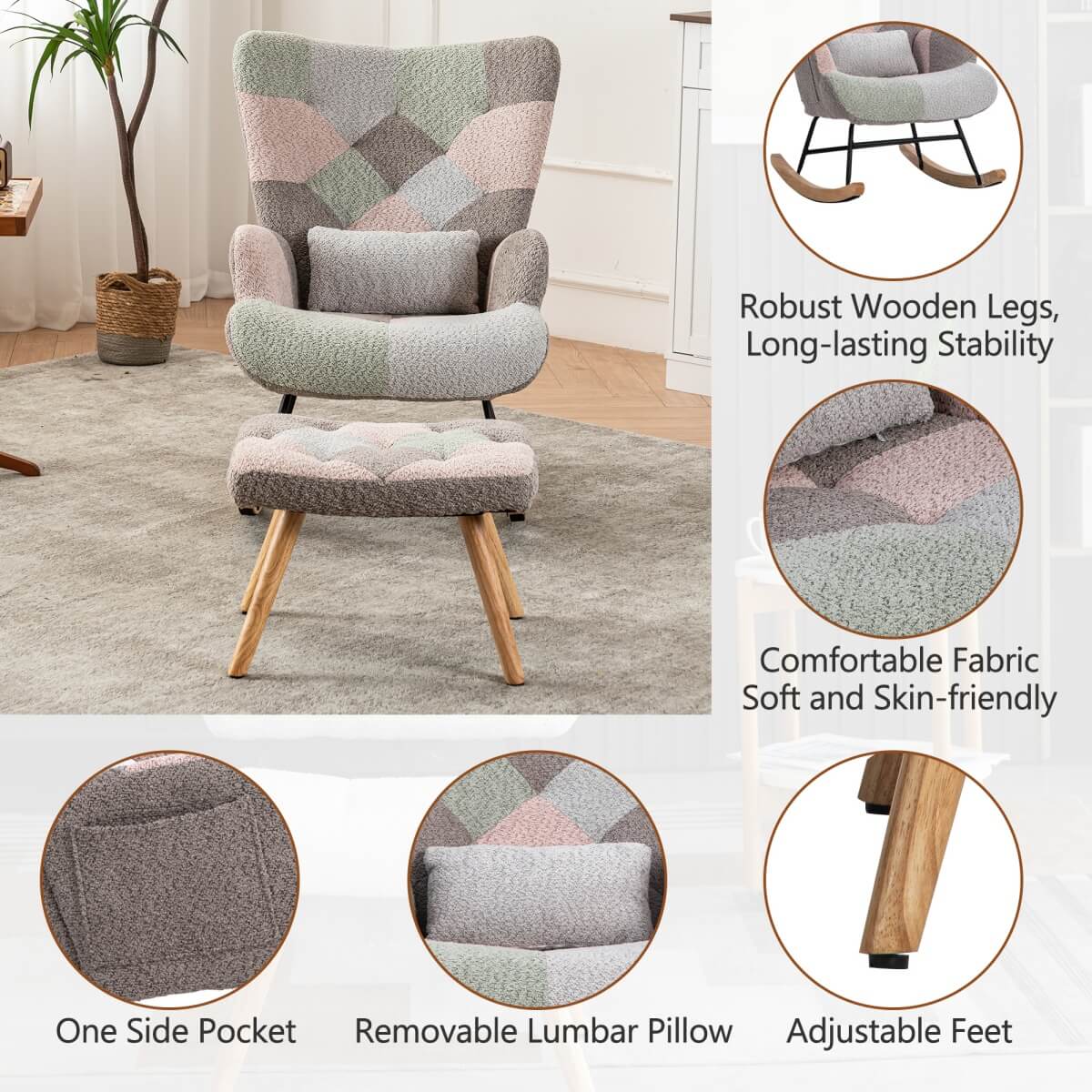 Fabric Rocking Chair with Ottoman - Wingback Accent Armchair with Wooden Legs