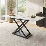 Telescopic dining table (120-160¡Á80 cm), extendable dining table, space-saving kitchen table, black crossed iron legs, for kitchen and living room, white marble dining table