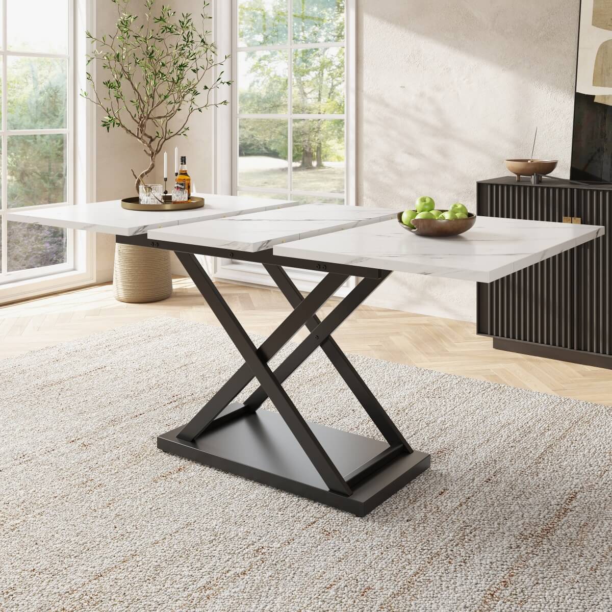Extendable Dining Table 120-160cm - White Marble Effect Top, Black Cross Legs