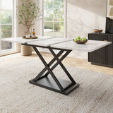 Extendable Dining Table 120-160cm - White Marble Effect Top, Black Cross Legs