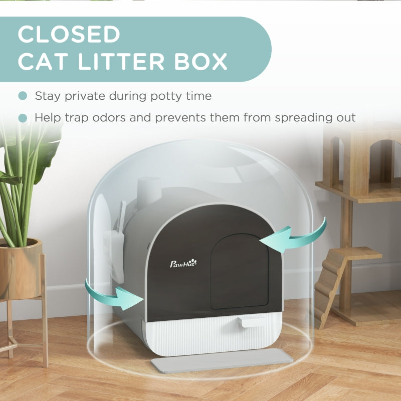 Hooded Cat Litter Box with Lid, Scoop, Filter, Flap Door, Light Grey
