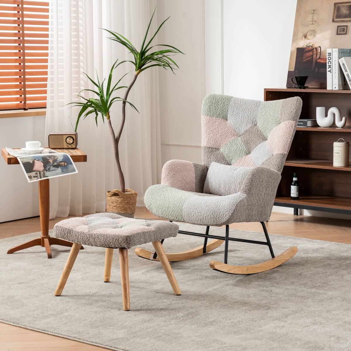 Fabric Rocking Chair with Ottoman - Wingback Accent Armchair with Wooden Legs