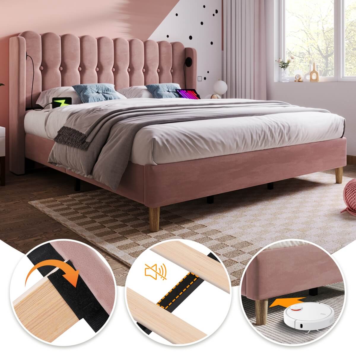 4ft6 Double Pink Velvet Bed – Upholstered Bed with USB & Type-C Charging for Teens & Gu est Rooms