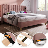 4ft6 Double Pink Velvet Bed – Upholstered Bed with USB & Type-C Charging for Teens & Gu est Rooms