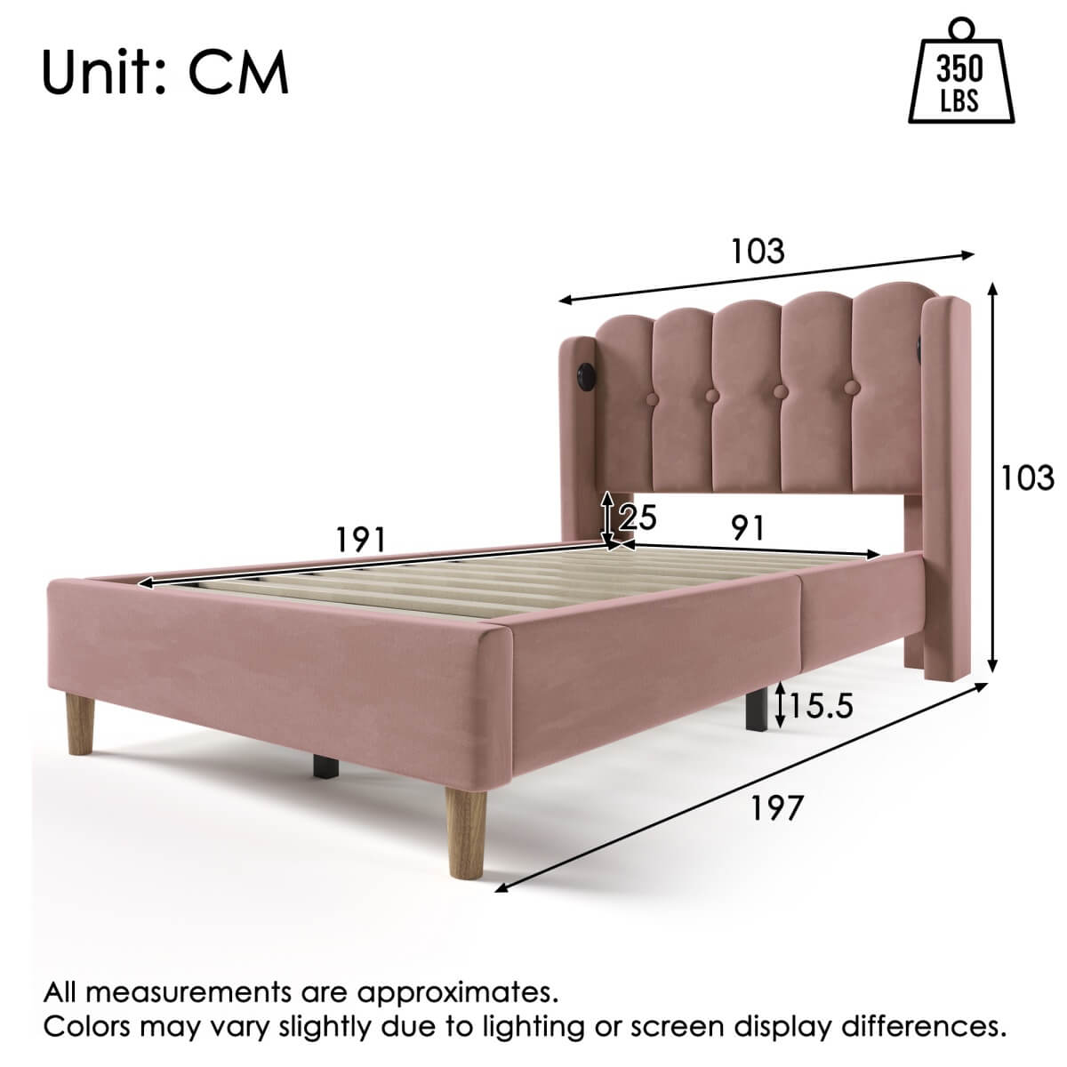 3ft Single Velvet Upholstered Bed with USB Charging - Pink Bed Frame