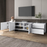 High Gloss TV Unit with Doors and Drawers - Modern White and Black TV Stand with Storage Shelves and Colour-Block Legs