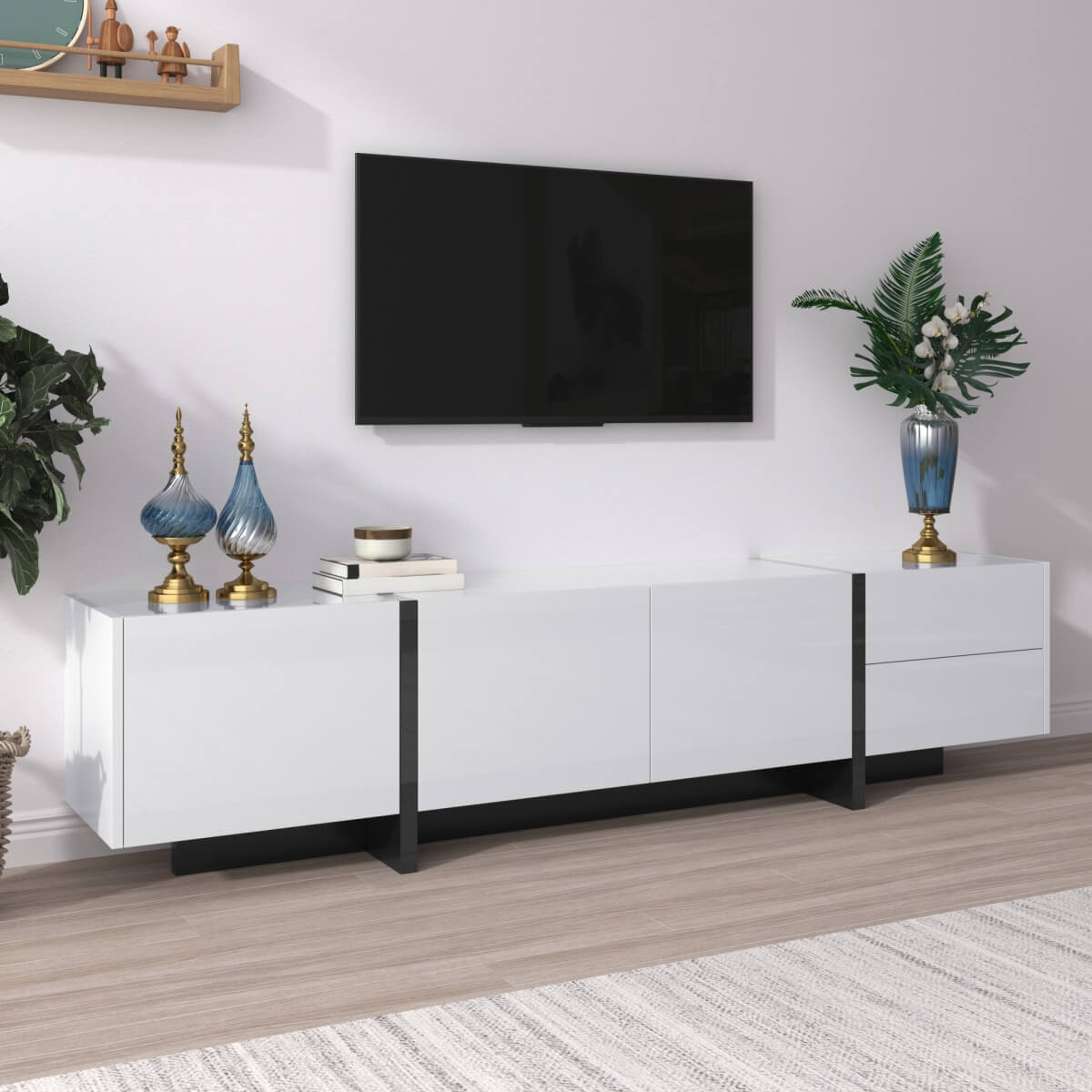 High Gloss TV Unit with Doors and Drawers - Modern White and Black TV Stand with Storage Shelves and Colour-Block Legs