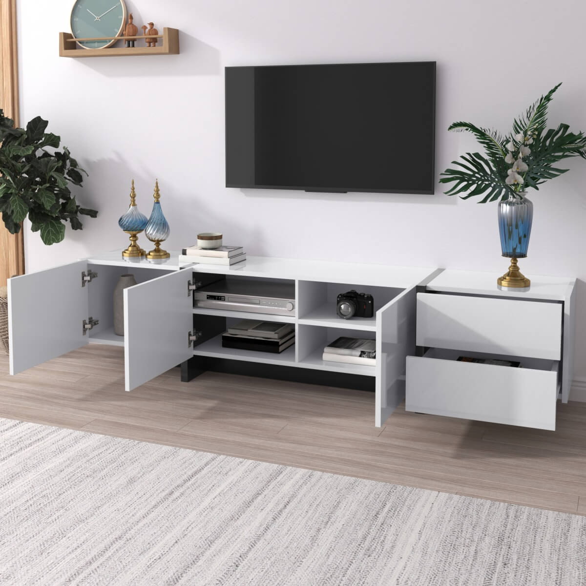 High Gloss TV Unit with Doors and Drawers - Modern White and Black TV Stand with Storage Shelves and Colour-Block Legs