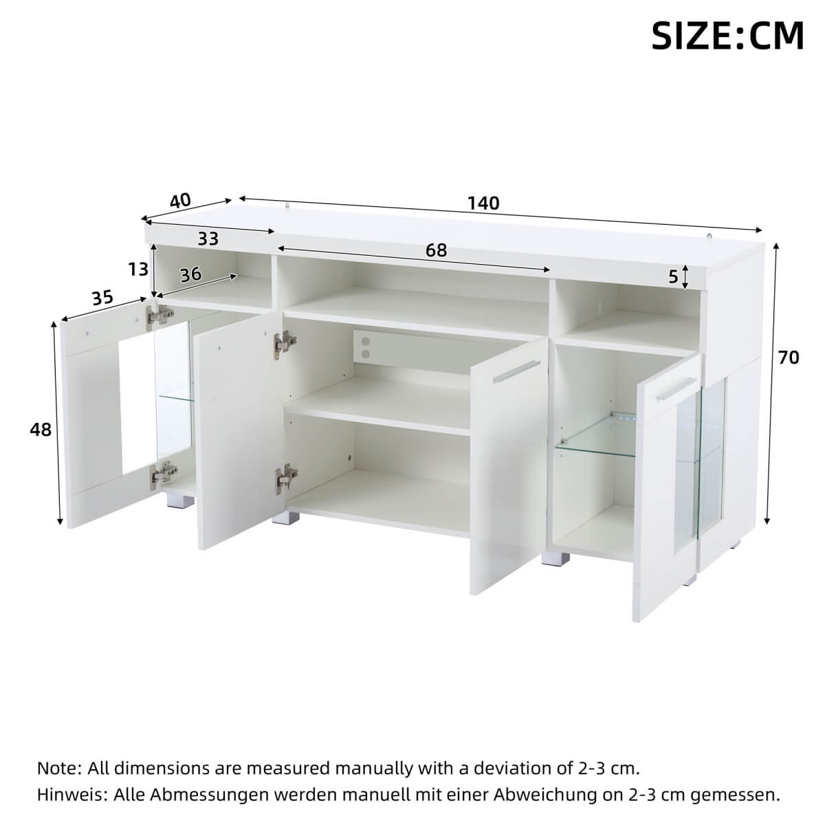 High Gloss White Sideboard with LED Lighting - Modern Storage Cabinet with 3-Tier Tempered Glass Display Shelves