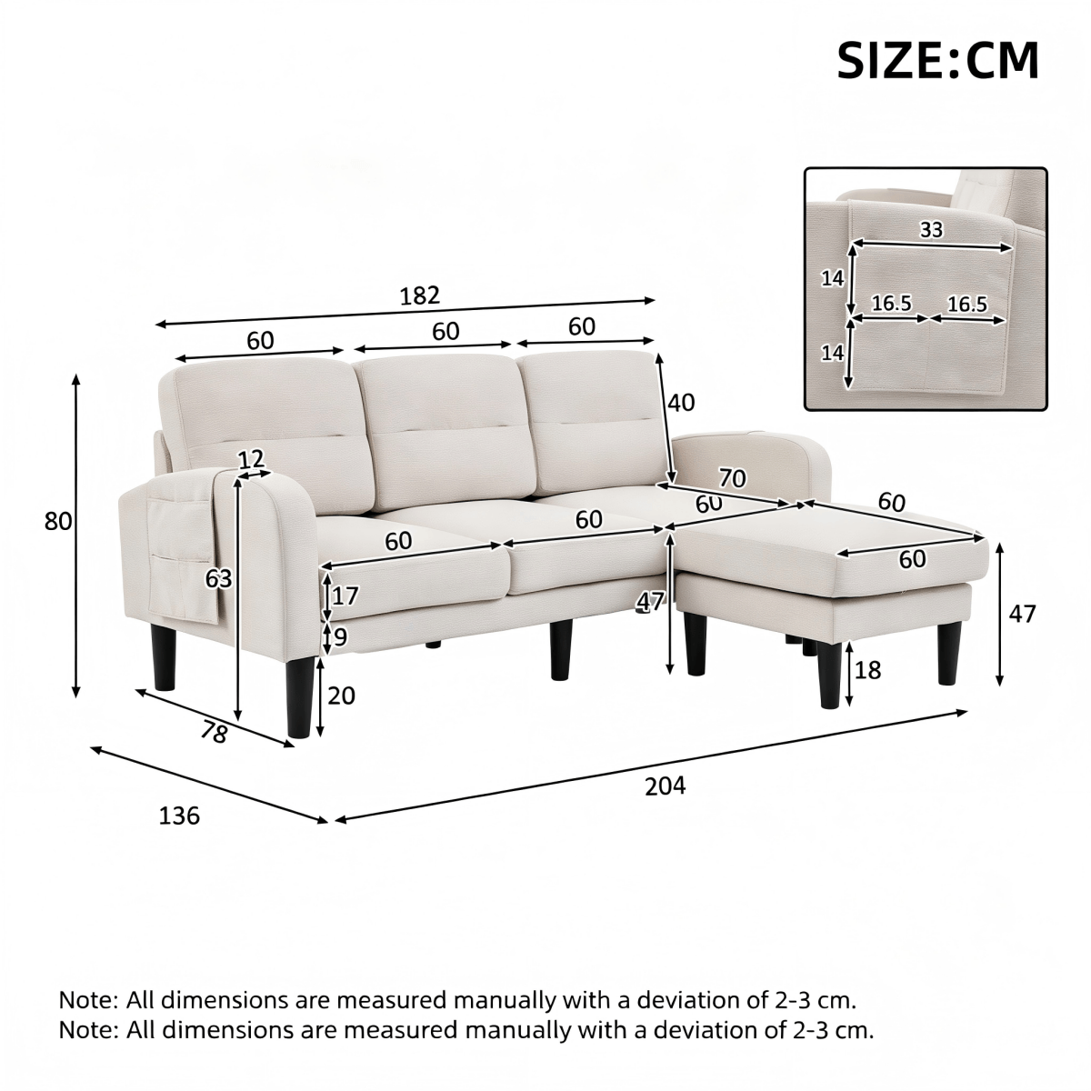 L-Shaped Corner Sofa - 3 Seater Modular Sectional Sofa with Chaise, Side Storage Pockets, Beige