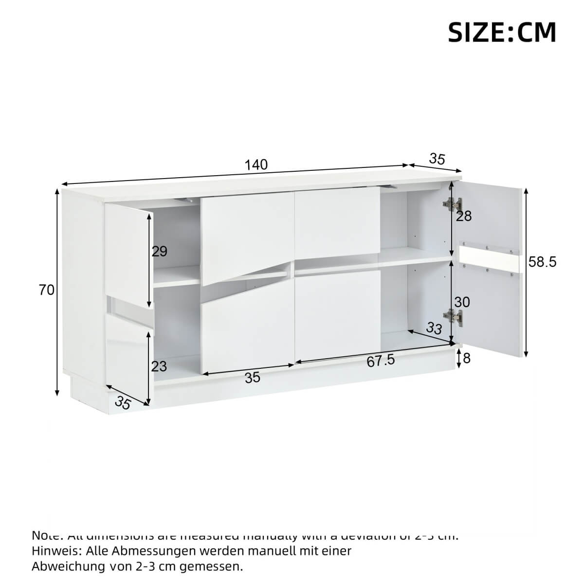 High Gloss White Sideboard with LED Lights - Modern Freestanding Storage Cabinet with 2 Adjustable Shelves and 4 Storage Compartments for Dining and Living Room