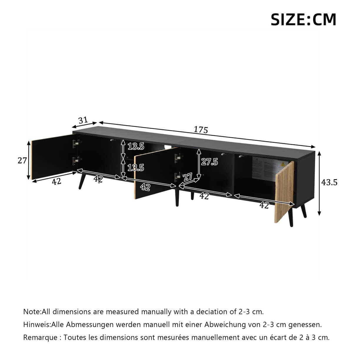 175cm Mid-Century Modern LED TV Stand - Black Media Console with Storage Cabinets