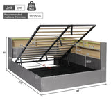 4ft6 Double Velvet Upholstered Daybed with Hydraulic Storage - L-Shaped Sofa Bed with LED Lights and USB Charging, Grey
