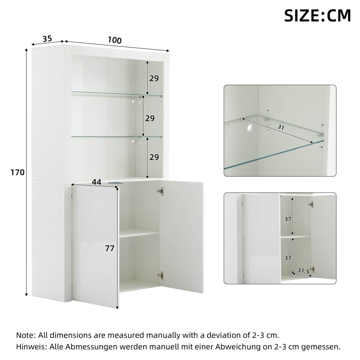 White High Gloss Display Cabinet - Tall Storage Cupboard with Tempered Glass Shelves, Doors & LED Lights