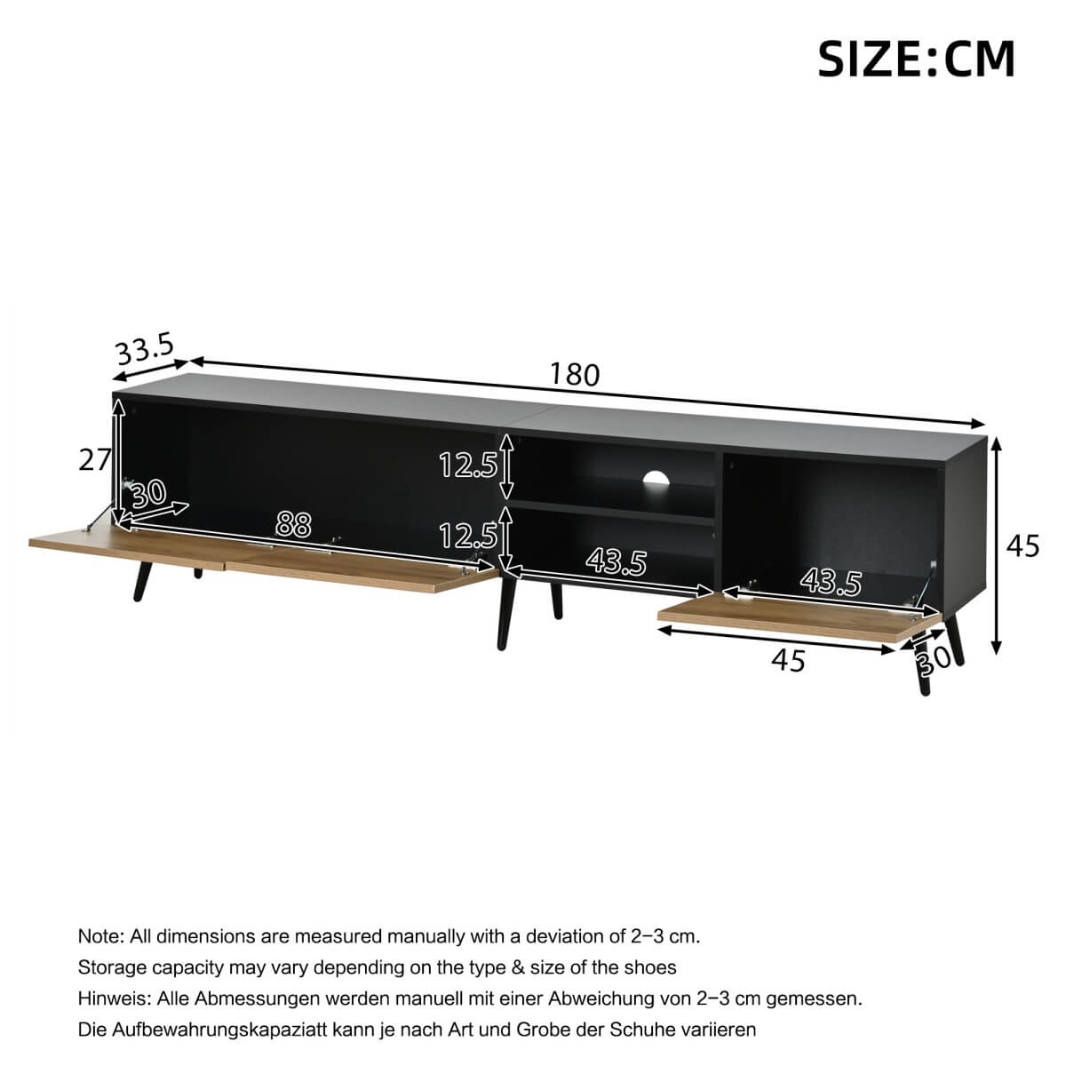 Modern Geometric TV Stand - Black Media Console with Storage Cabinets & Open Shelf