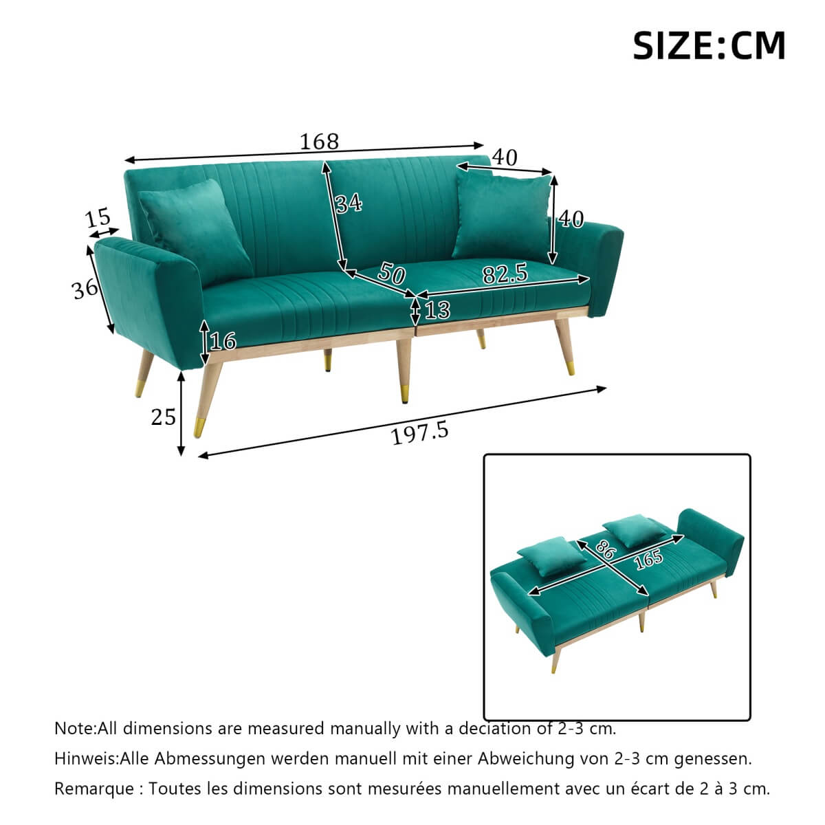 Convertible Futon Sofa Bed - Adjustable Backrest, Fleece Fabric, 2 Seater, Green