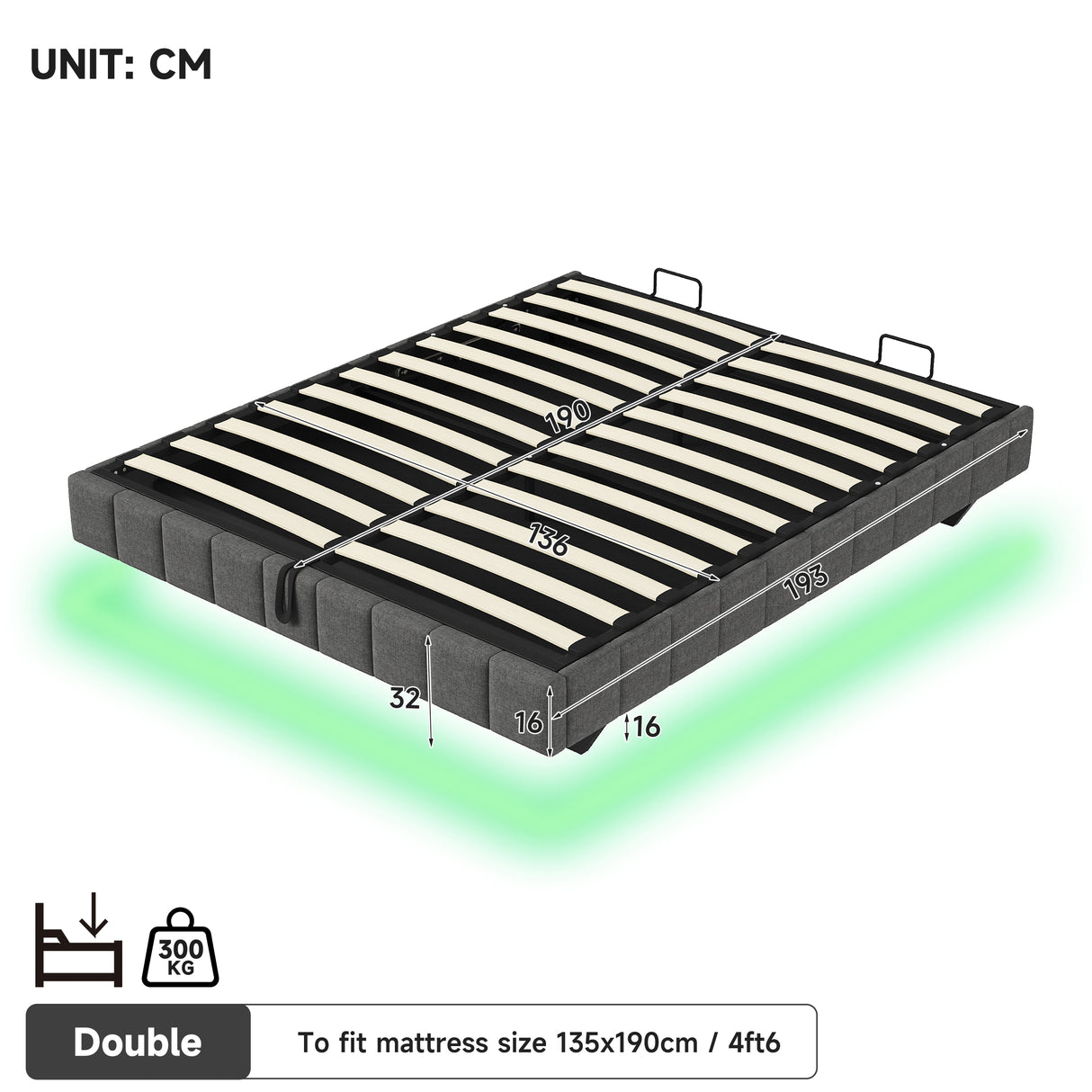 4ft6 Double Floating Bed Frame - Hydraulic Storage, RGB LED Lights, Grey Linen