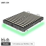 4ft6 Double Floating Bed Frame - Hydraulic Storage, RGB LED Lights, Grey Linen