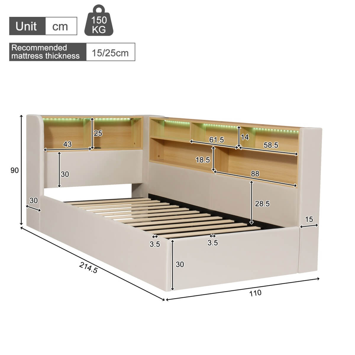 3FT Single L-Shaped Upholstered Daybed  - Velvet Sofa Bed with Hydraulic Storage & USB