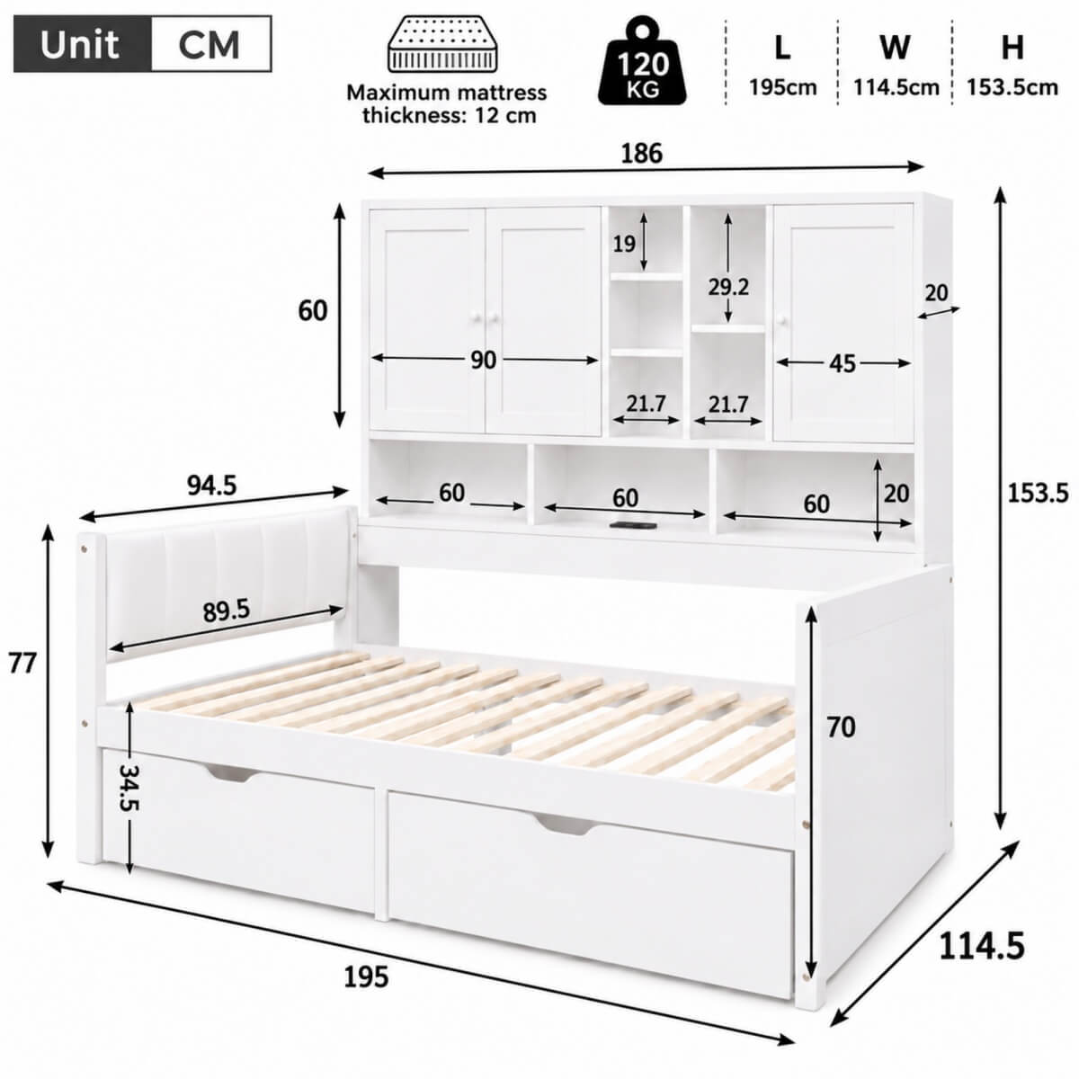 3ft Single Kids Storage Bed with Overbed Cabinets - White Bed Frame with 2 Drawers, RGB LED Lights, USB Charging Station and PU Headboard