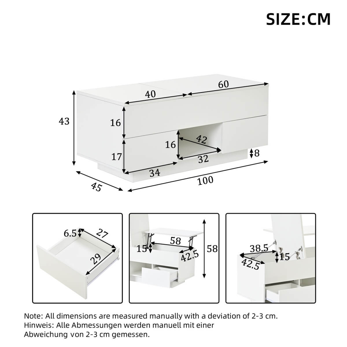 Lift-Top Coffee Table with LED Lights - High Gloss Centre Table with 2 Drawers & Hidden Storage for Living Room