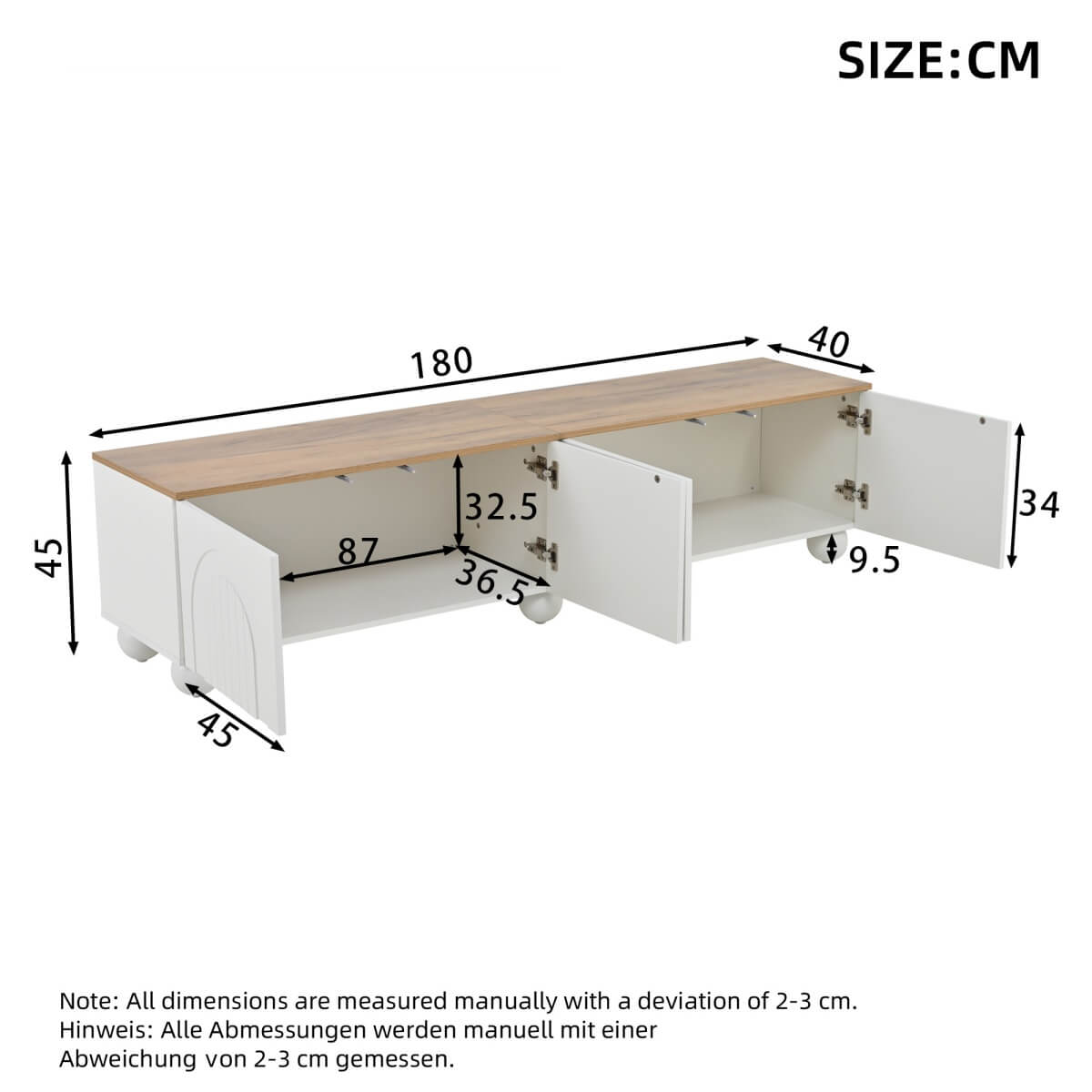 180cm TV Unit for TVs up to 75 Inch - White and Wood Effect TV Stand with 4 Storage Compartments and 6 Metal Legs